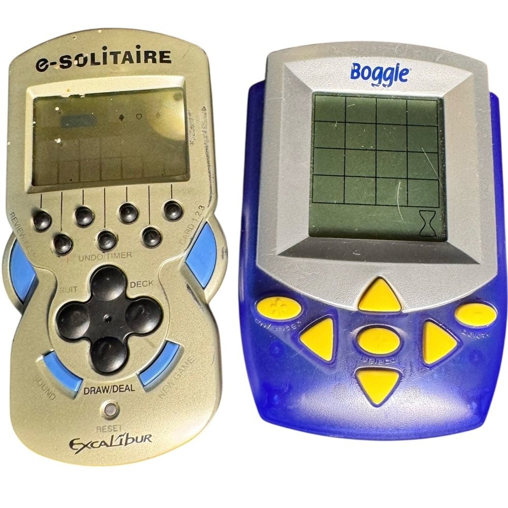 Silver and Blue Handheld Game Console Boggle and Excalibur e- solitaire lot